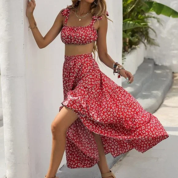Red Ditsy Floral Print Cami Top & maxi Skirt Set - Picture 3 of 7